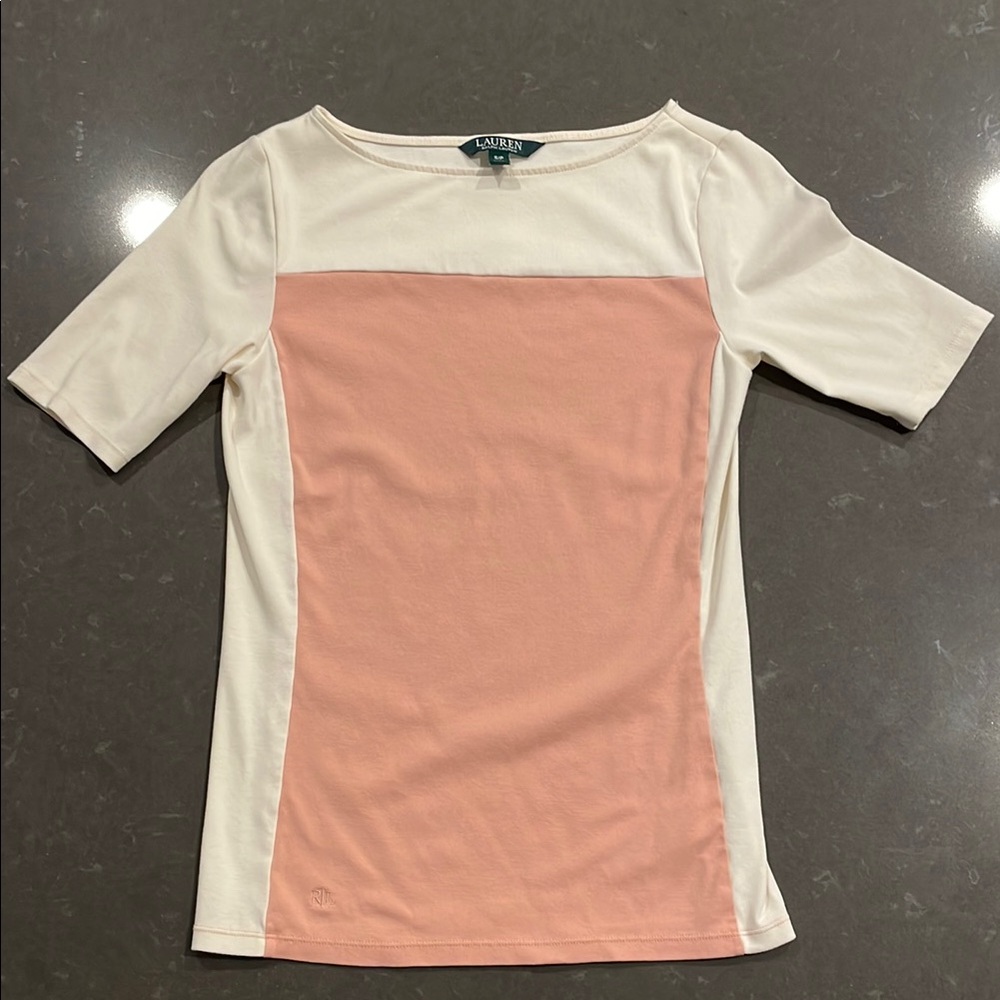 Lauren Ralph Lauren Pink and Cream Color Block Short Sleeve Top Small